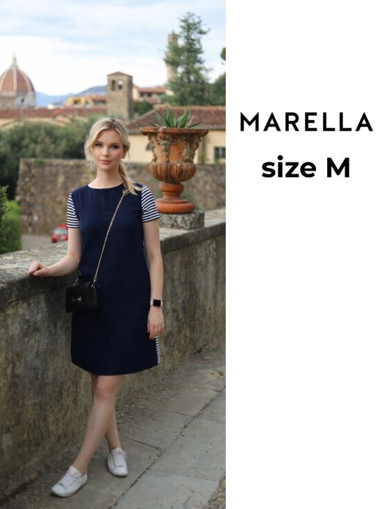MARELLA Dresses & Skirts - Very cute! MARELLA Navy Shift Dress with Black and White Striped Sleeves